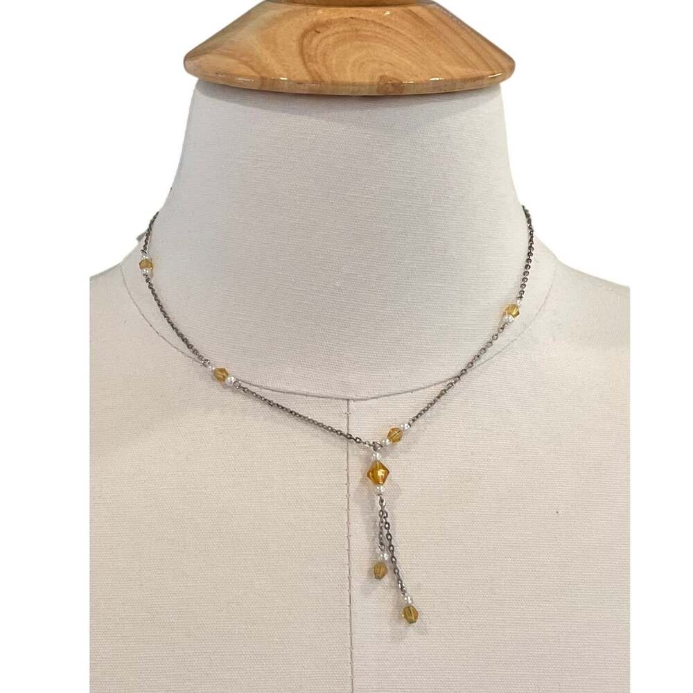 New Anne Klein II Silver Tone Beaded Y Drop Necklace, Minimalist Dainty